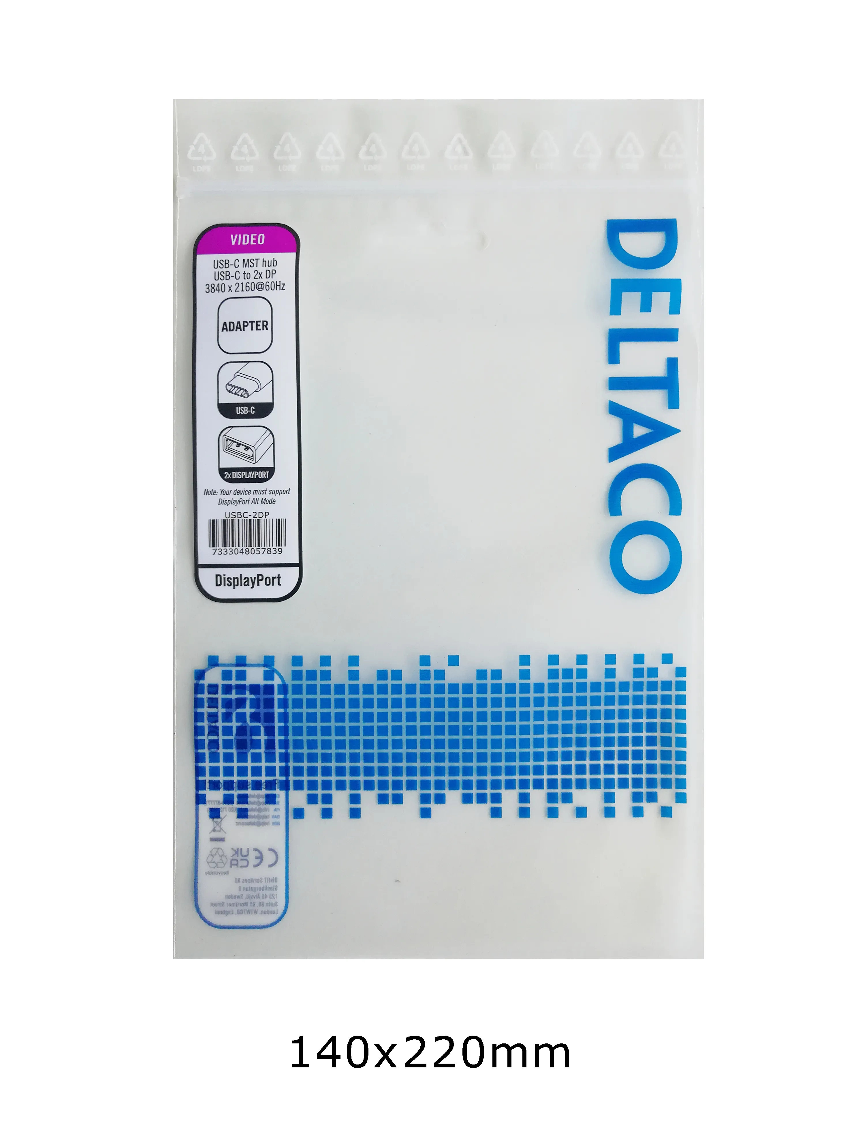 Deltaco USB-C, 2 x 4K/60 Hz, DP x 2 -MST-hubi, Musta, 0.1m