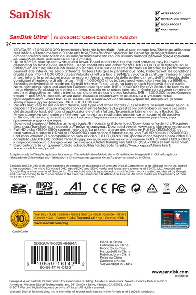 SanDisk 32GB Ultra, UHS-I Class 10 MicroSDHC - memory card + SD adapter