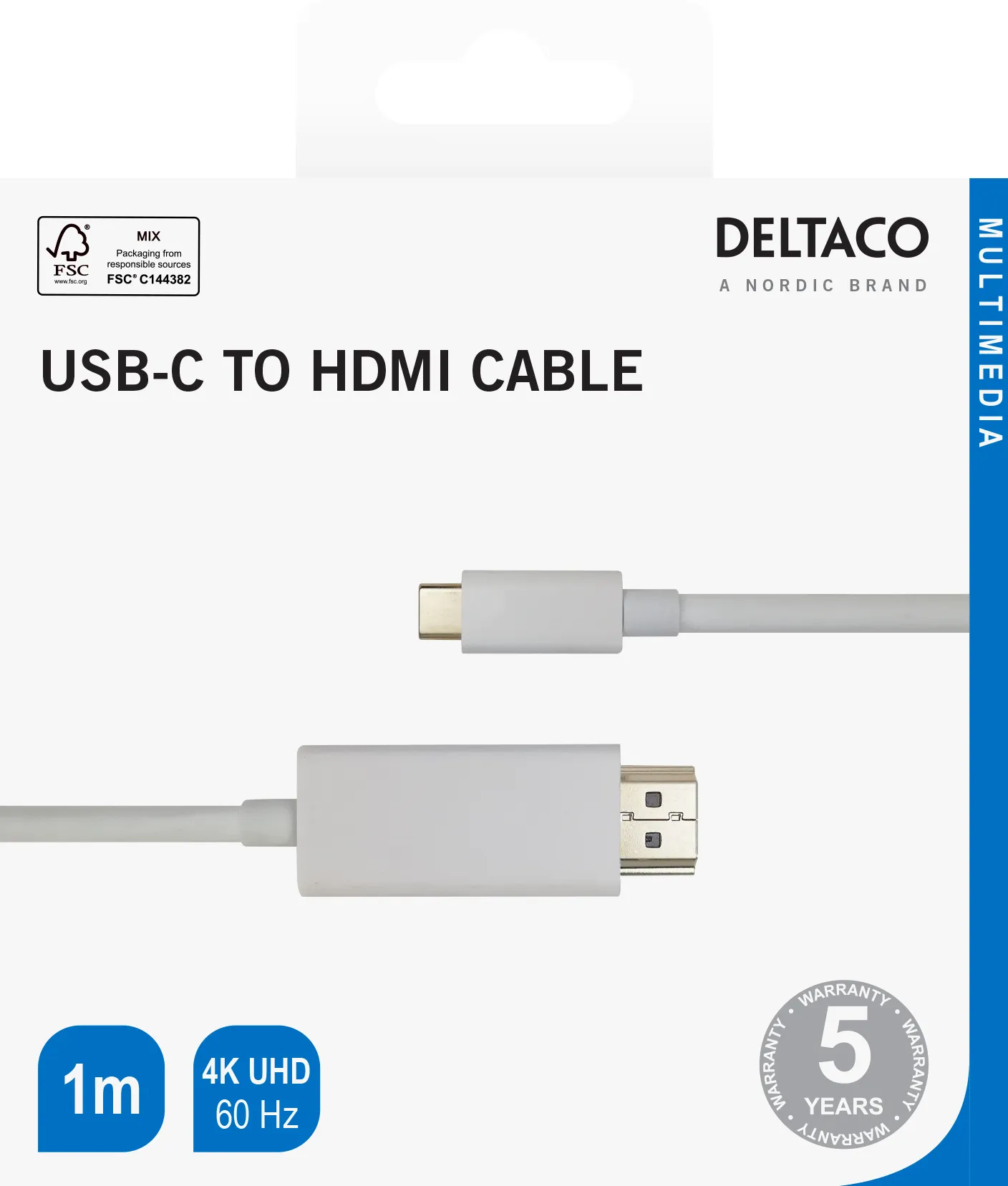 Deltaco USB-C - HDMI cable, 4K UHD, gold plated, 1m, white