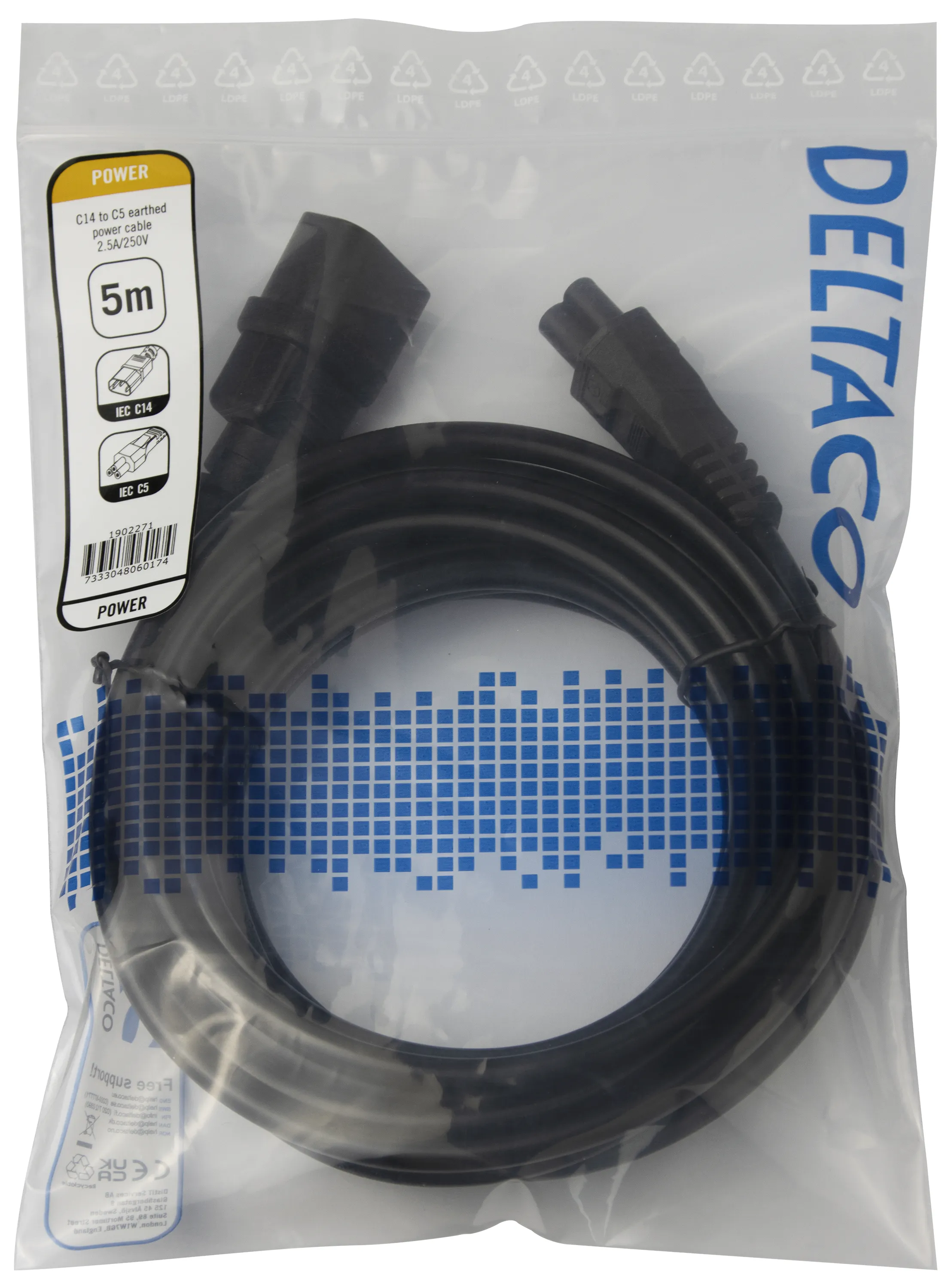 Deltaco IEC C14 - IEC C5 -virtakaapeli, Musta, 5m