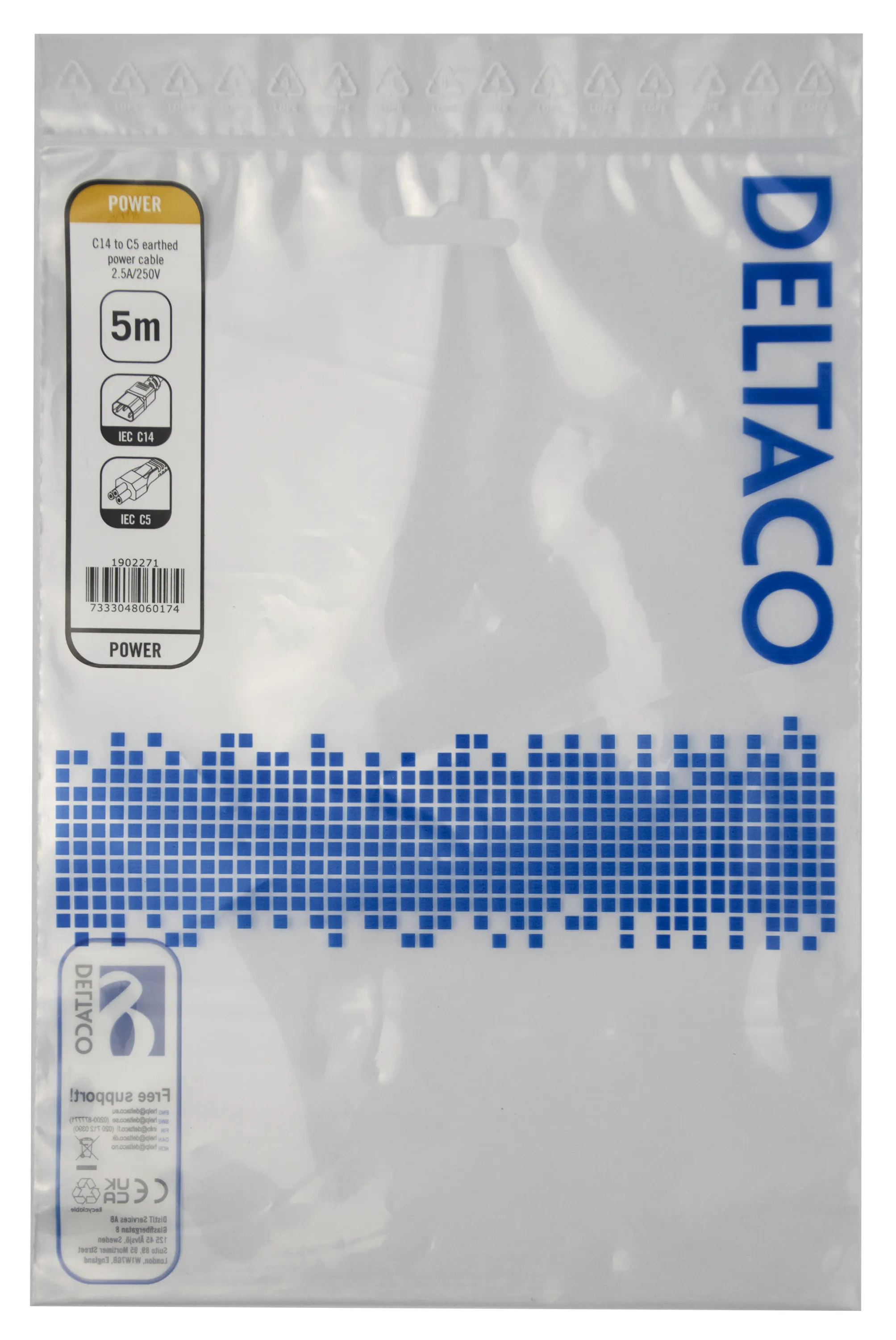 Deltaco IEC C14 - IEC C5 -virtakaapeli, Musta, 5m