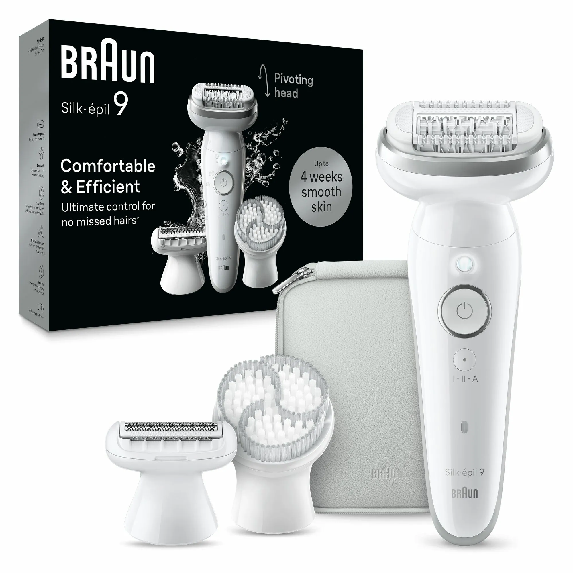 Braun Silk-epil 9 9-061 v&aring;t- och torrakning, sladdl&ouml;s, laddningsbar, tv&auml;ttbar epilator, silver/vit