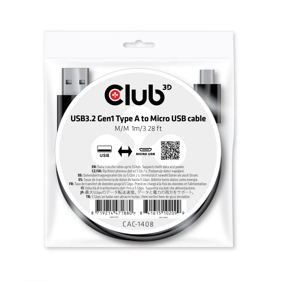 Club 3D 2.0 USB-A - Micro-USB - cable, Black, 1m