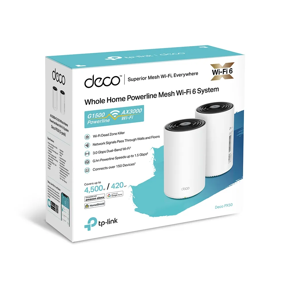 TP-Link Deco PX50 -mesh WiFi -j&auml;rjestelm&auml;, Wi-Fi 6, AX3000, Dual-band, 2 kpl, Powerline, valkoinen