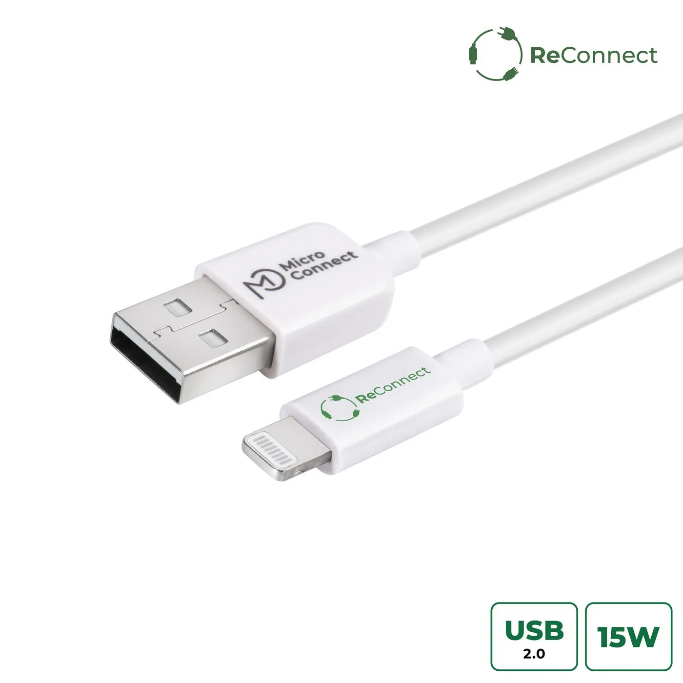 MicroConnect ECO USB-A &ndash; Lightning -kaapeli, 0,15 m, valkoinen