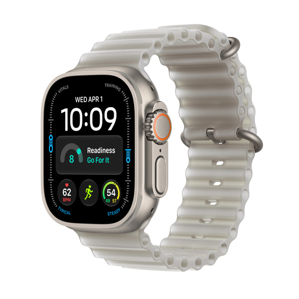 Apple Watch Ultra 4 49 mm titanboett naturlig med havsband genomlyst gr&aring;