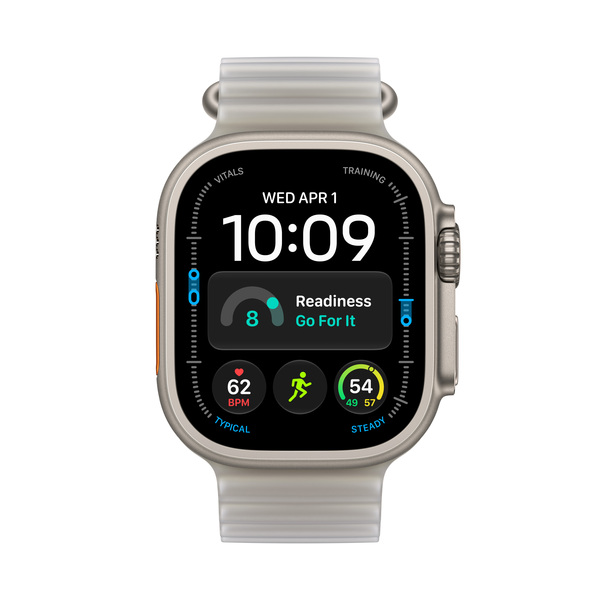 Apple Watch Ultra 4 49 mm titanboett naturlig med havsband genomlyst gr&aring;