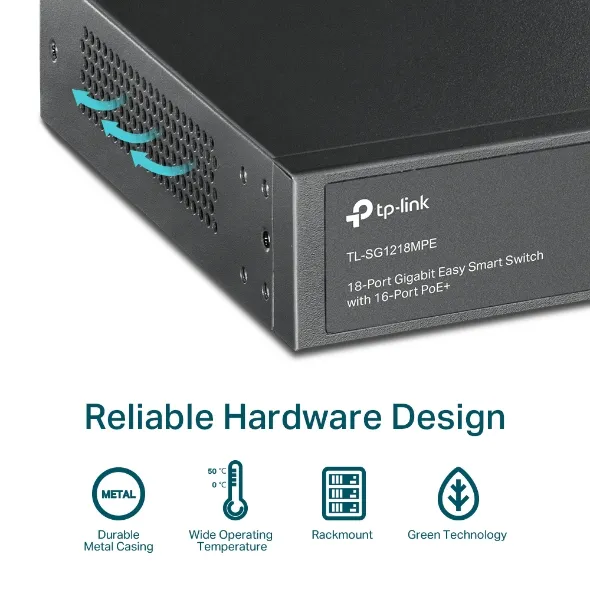 TP-Link 16-Port Gigabit PoE+ Easy Smart Switch, 16 Gigabit RJ45 Ports, 2 SFP