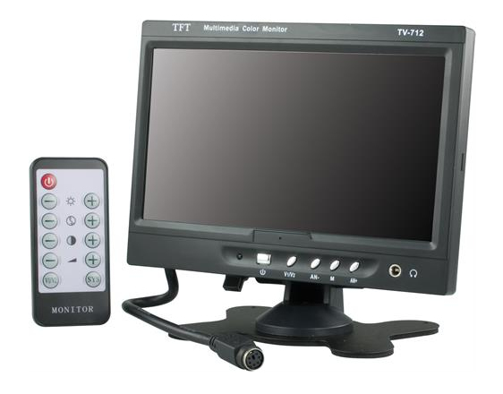 7" TFT-v&auml;rimonitori, kaukos&auml;&auml;din &amp; kaiutin, 12V/230V