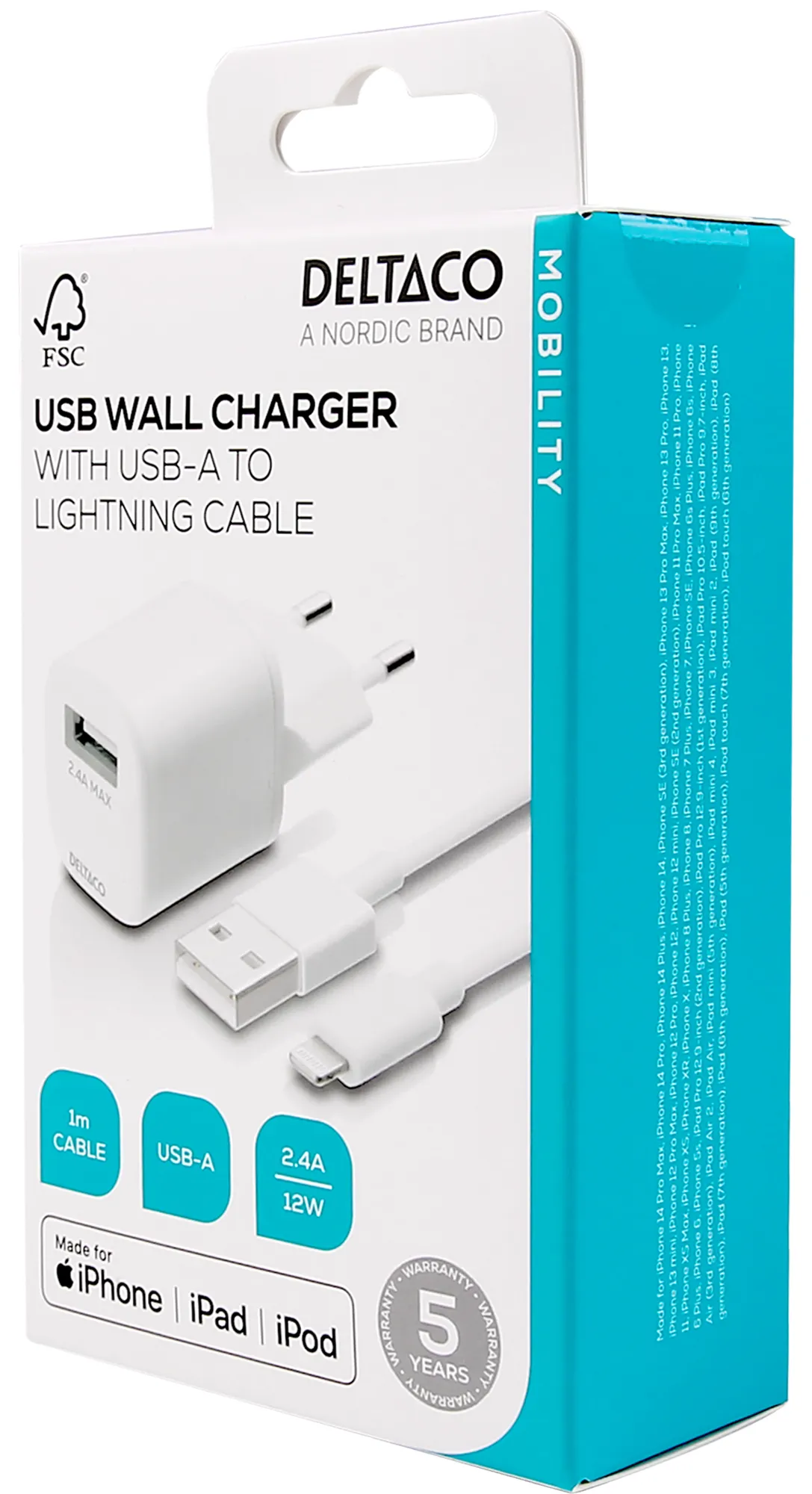 DELTACO USB wall charger kit, USB-A, 2,4 A, 1 m USB-A to Lightning