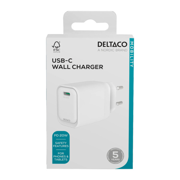 Deltaco 1x USB-C PD 20W USB-laturi, valkoinen