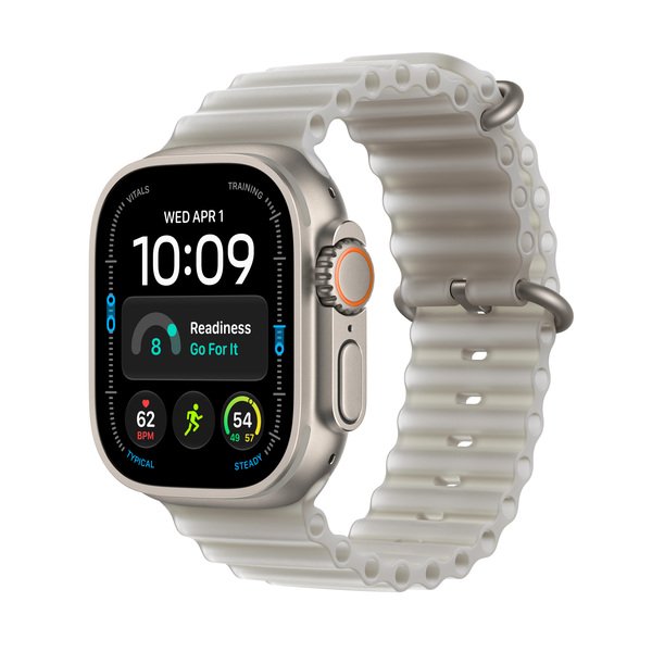 Apple Watch Ultra 4 49 mm titanboett naturlig med havsband genomlyst gr&aring;