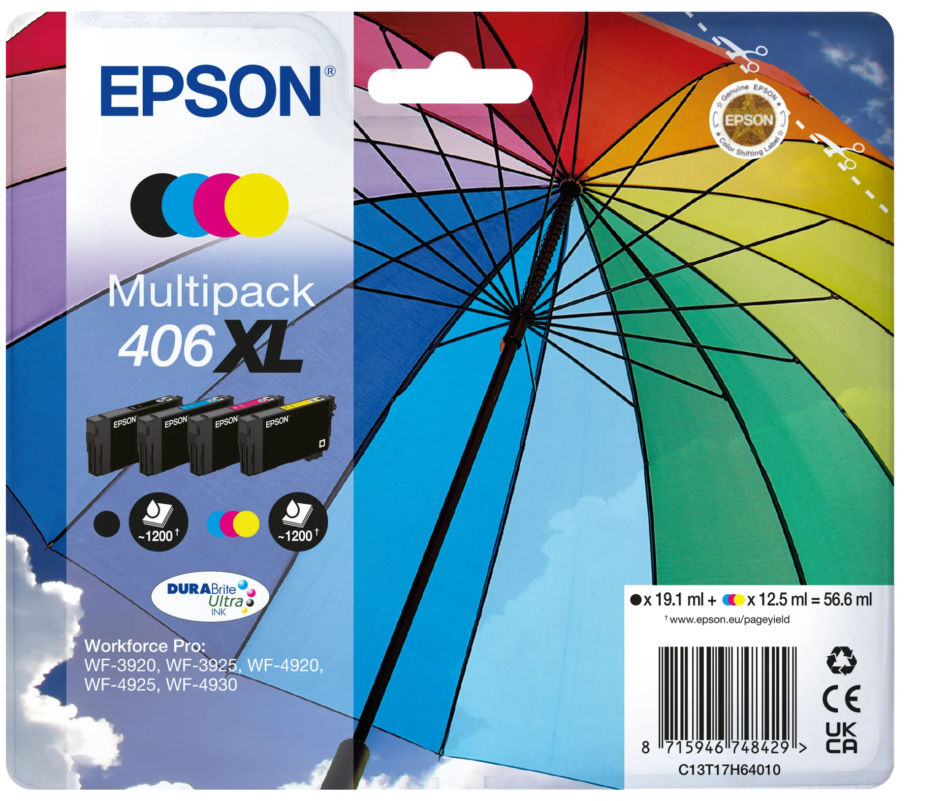 Epson 406XL Umbrella kit med bl&auml;ckpatroner, svart/cyan/magenta/gul, 4 st
