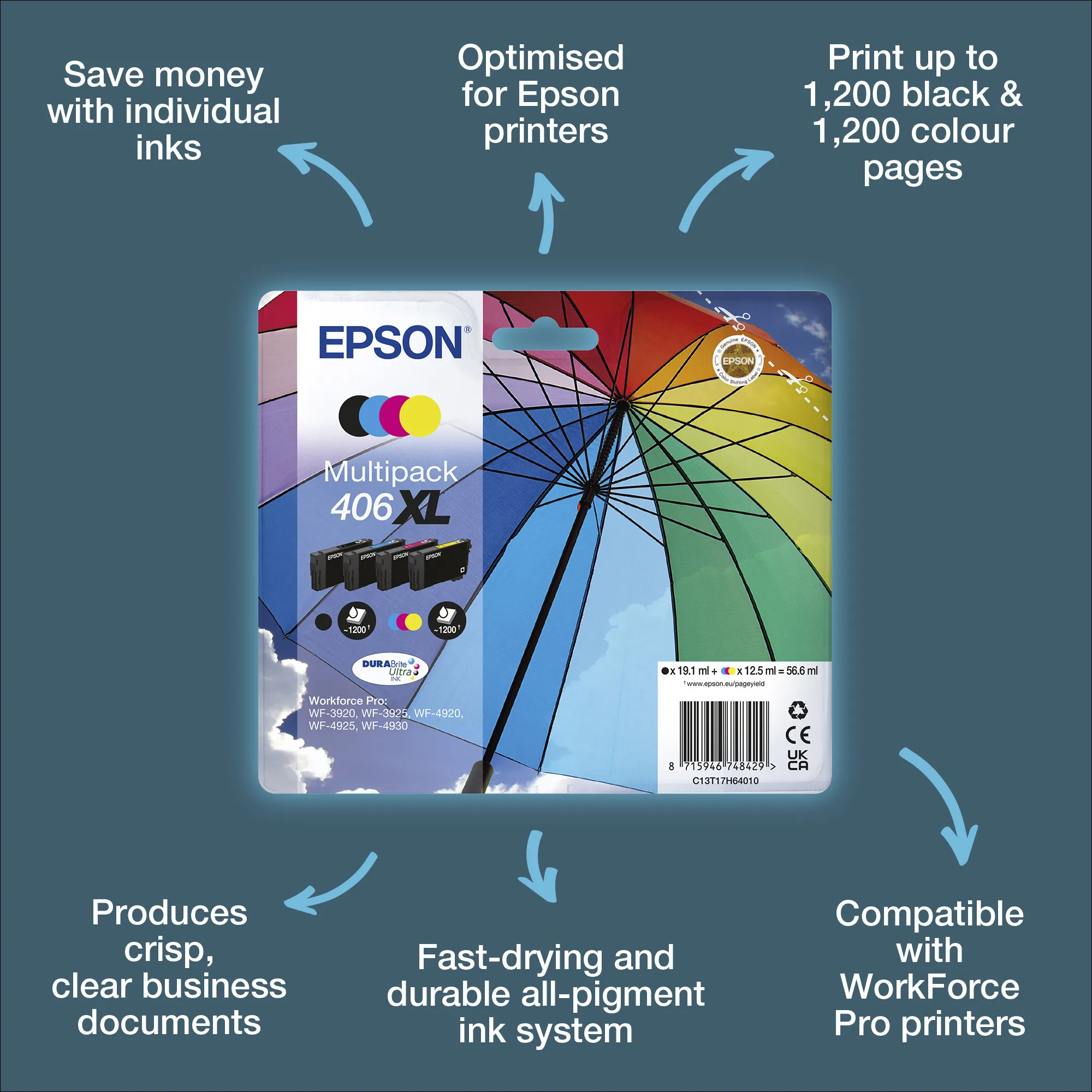 Epson 406XL Umbrella kit med bl&auml;ckpatroner, svart/cyan/magenta/gul, 4 st