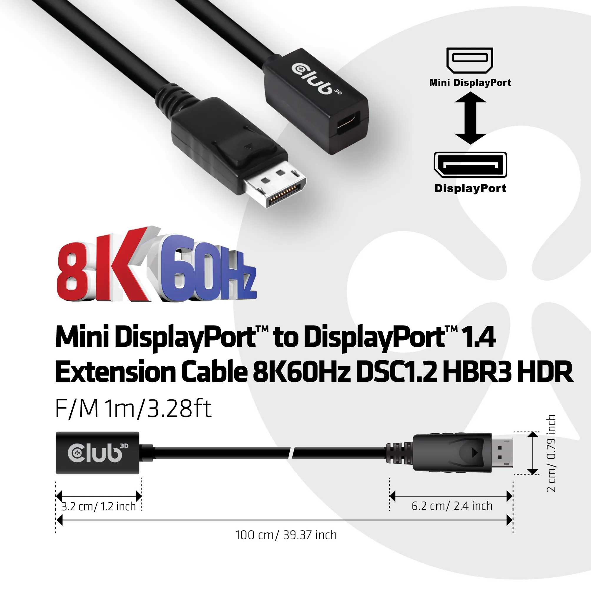Club 3D  mini DisplayPort – DisplayPort 1.4a - kabel, 1 m, Svart Club 3D  mini DisplayPort – DisplayPort 1.4a - kabel, 1 m, Svart