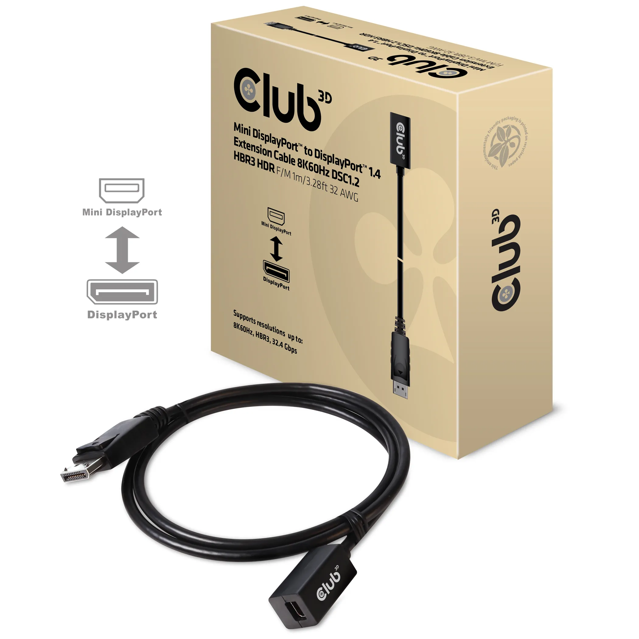 Club 3D  mini DisplayPort – DisplayPort 1.4a - kabel, 1 m, Svart Club 3D  mini DisplayPort – DisplayPort 1.4a - kabel, 1 m, Svart
