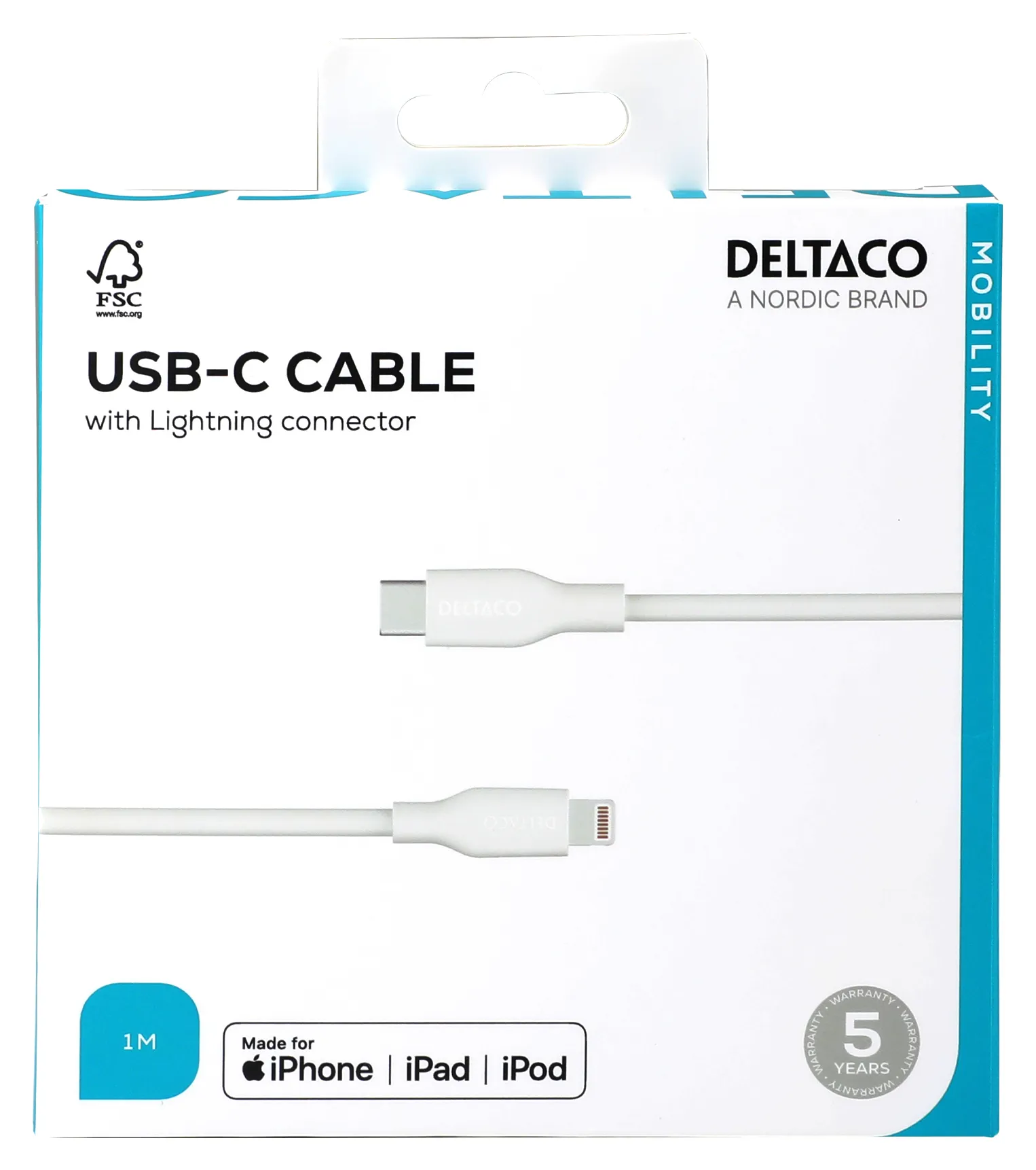 Deltaco USB-C - Lightning, C94 - cable, White, 1m