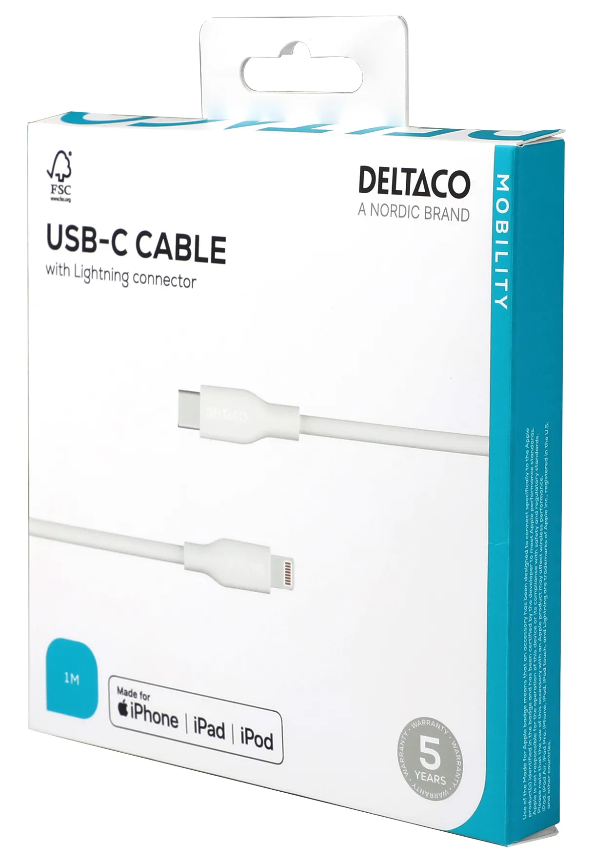 Deltaco USB-C - Lightning, C94 - cable, White, 1m