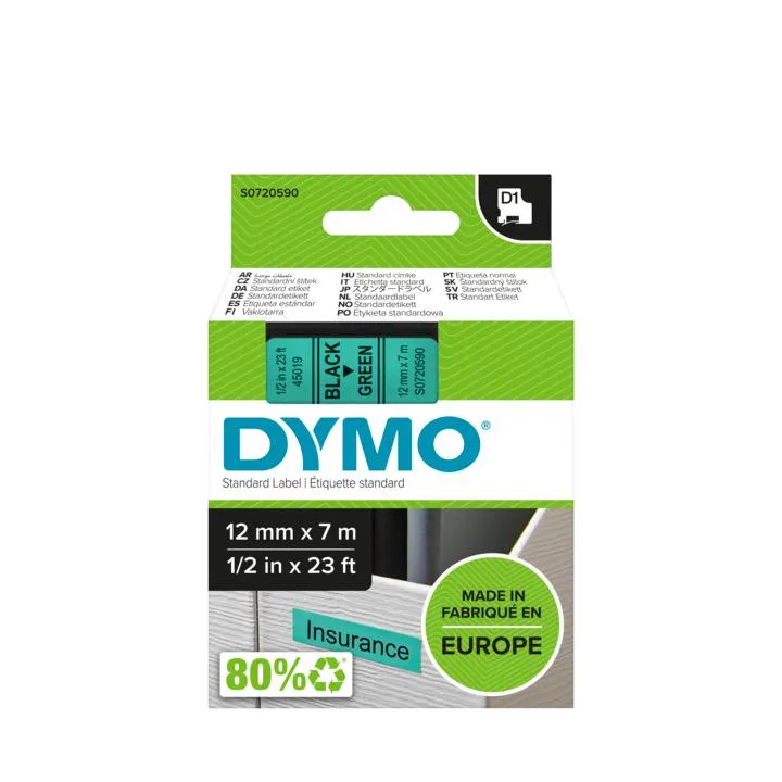 DYMO D1 m&auml;rktejp standard 12mm, svart p&aring; gr&ouml;nt, 7m rulle (45019)