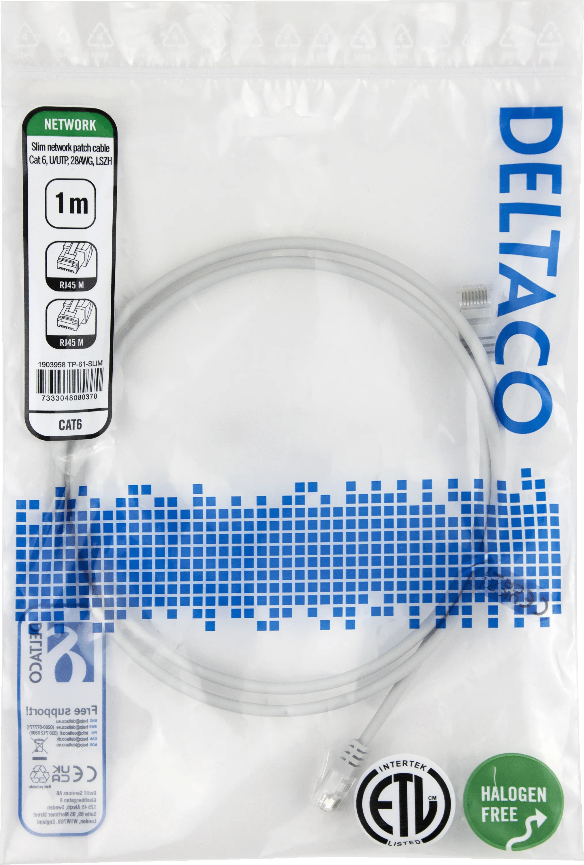 Deltaco Cat6 UTP RJ45 1m -verkkokaapeli, harmaa