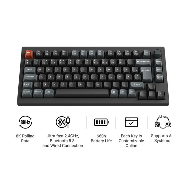 Keychron V1 Ultra 75% 8K tr&aring;dl&ouml;st mekaniskt speltangentbord, Keychron Silk POM Red, svart