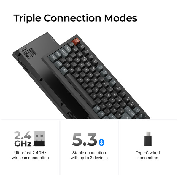 Keychron V1 Ultra 75% 8K -langaton mekaaninen pelin&auml;pp&auml;imist&ouml;, Keychron Silk POM Red, musta