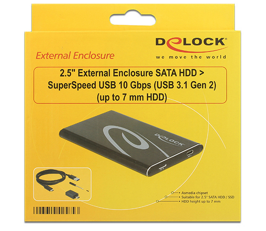 DeLOCK ulkoinen kotelo 1x2,5&quot; SATA-levylle, USB 3.1 Gen2, max 7mm