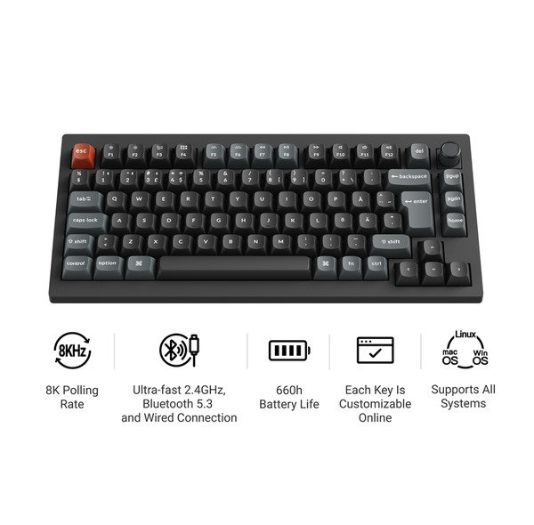 Keychron V1 Ultra 75% 8K -langaton mekaaninen pelin&auml;pp&auml;imist&ouml;, Keychron Silk POM Red, musta