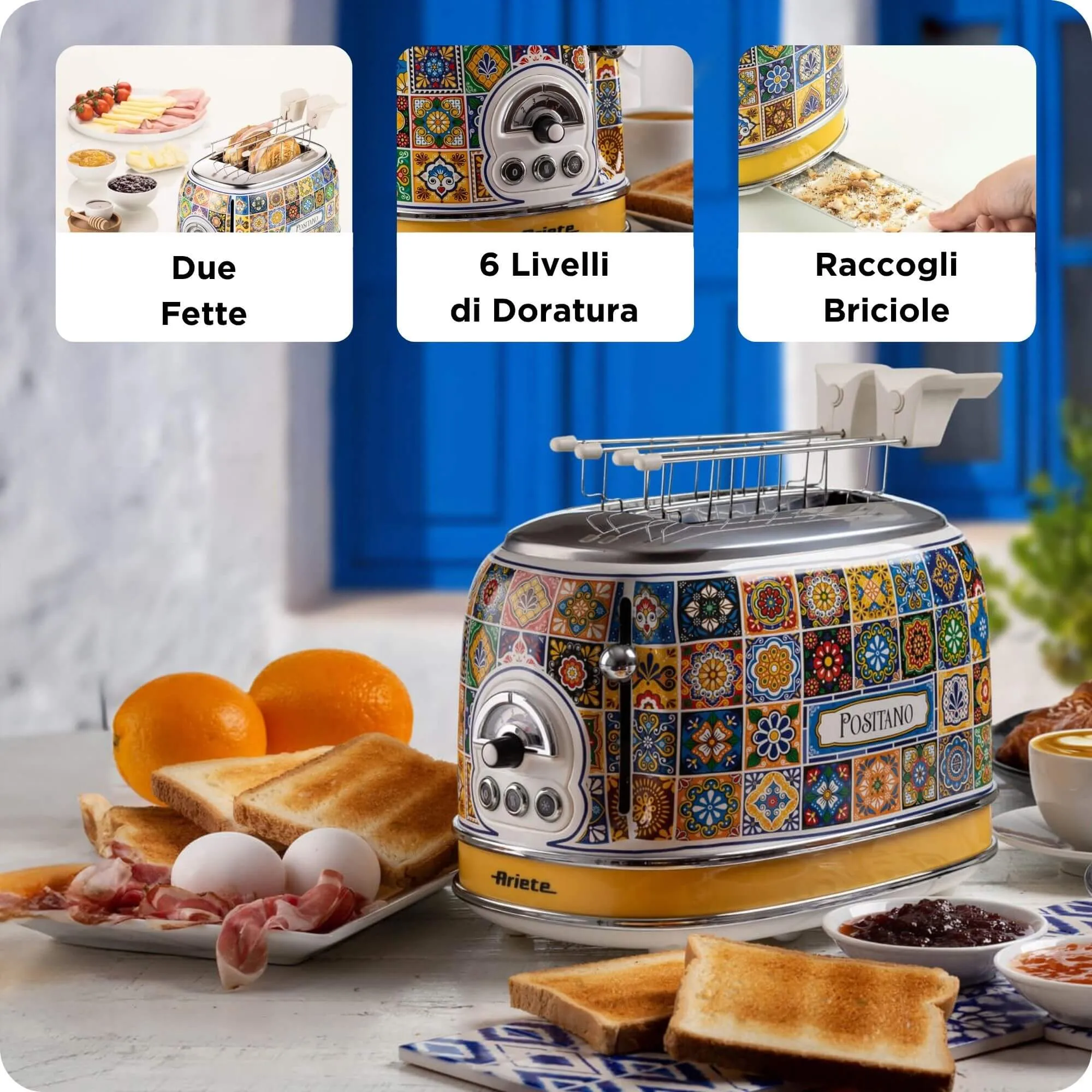 Ariete Positano toaster, 2 slices, Blue and Yellow (Positano style)