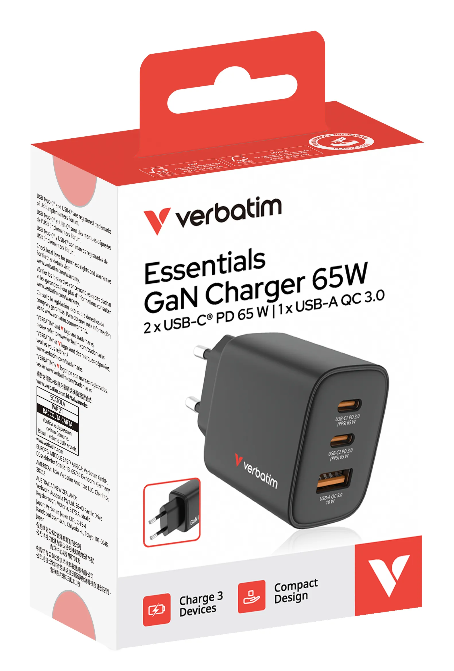 VERBATIM Essentials GaN Charger 65W - Virtal&auml;hde, musta