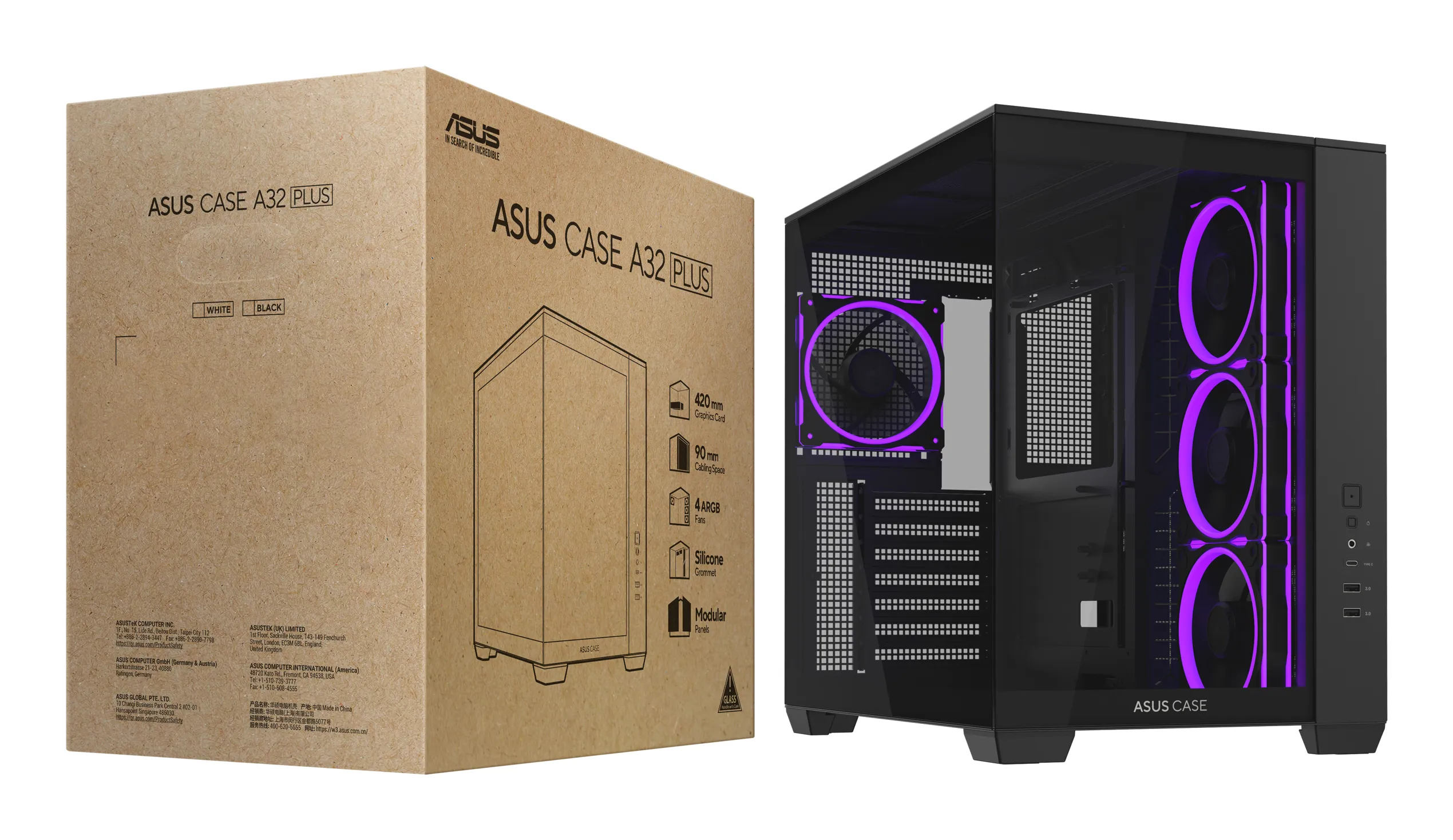 ASUS A32 PLUS Midi-Tower Case with window, with RGB lighting, Black