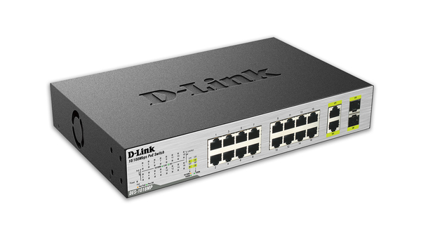 D-Link DES-1018MP switch, 16x10/100Mbps (PoE) + 2x1000Base-T/SFP, svar