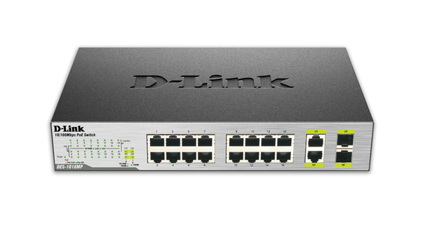 D-Link DES-1018MP switch, 16x10/100Mbps (PoE) + 2x1000Base-T/SFP, svar