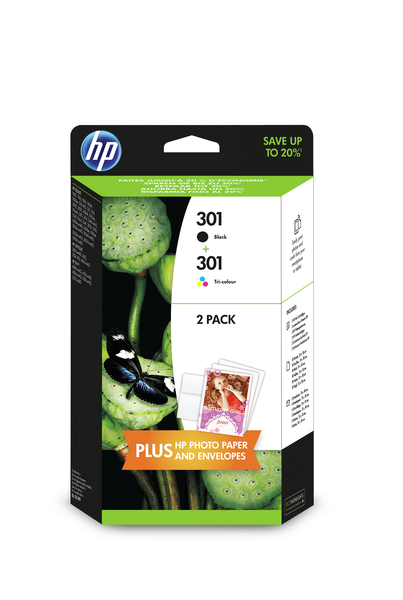 HP 301 - 2 pakettia - musta, s&auml;vytetty kolmiv&auml;rinen - alkuper&auml;inen - mustekasetti/paperipaketti malleihin Deskjet 1000 J110, 1050A J410, 1051A J410, 10XX, 10XX