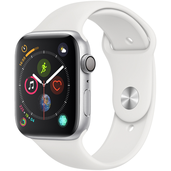 Apple&nbsp;Watch Series&nbsp;4, 44mm Hopeanv&auml;rinen alumiinikuori ja valkoinen urheiluranneke