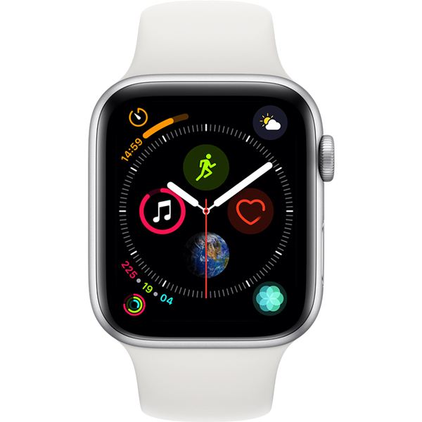 Apple&nbsp;Watch Series&nbsp;4, 44mm Hopeanv&auml;rinen alumiinikuori ja valkoinen urheiluranneke