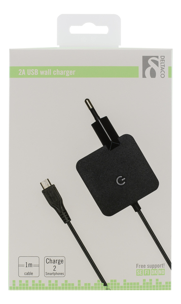 DELTACO sein&auml;laturi, 230V -> 5V USB, 1xMicro USB, 1xUSB-portti, musta