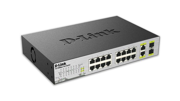 D-Link DES-1018MP switch, 16x10/100Mbps (PoE) + 2x1000Base-T/SFP, svar