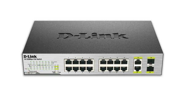 D-Link DES-1018MP switch, 16x10/100Mbps (PoE) + 2x1000Base-T/SFP, svar