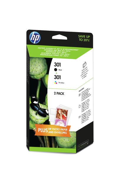 HP 301 - 2 pakettia - musta, s&auml;vytetty kolmiv&auml;rinen - alkuper&auml;inen - mustekasetti/paperipaketti malleihin Deskjet 1000 J110, 1050A J410, 1051A J410, 10XX, 10XX