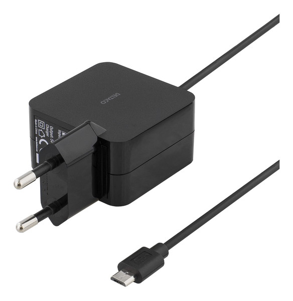 DELTACO sein&auml;laturi, 230V -> 5V USB, 1xMicro USB, 1xUSB-portti, musta