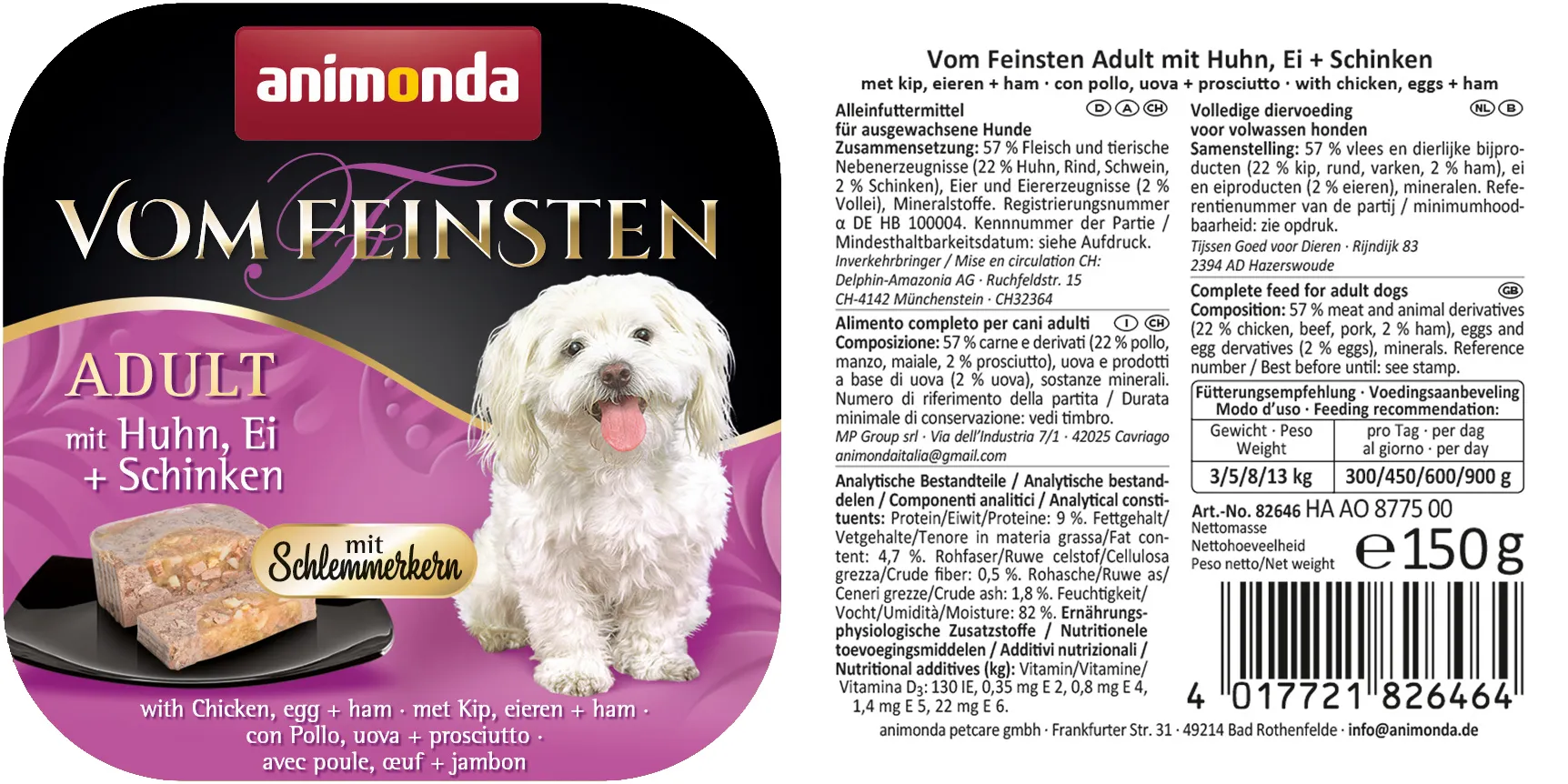 Animonda Vom Feinsten Adult Gourmet Centre with Chicken, Egg & Ham, Wet food for dogs, Grain Free, 22 x 150g