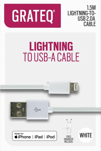 Grateq USB-A - MFi Lightning - cable, 1.5m, White