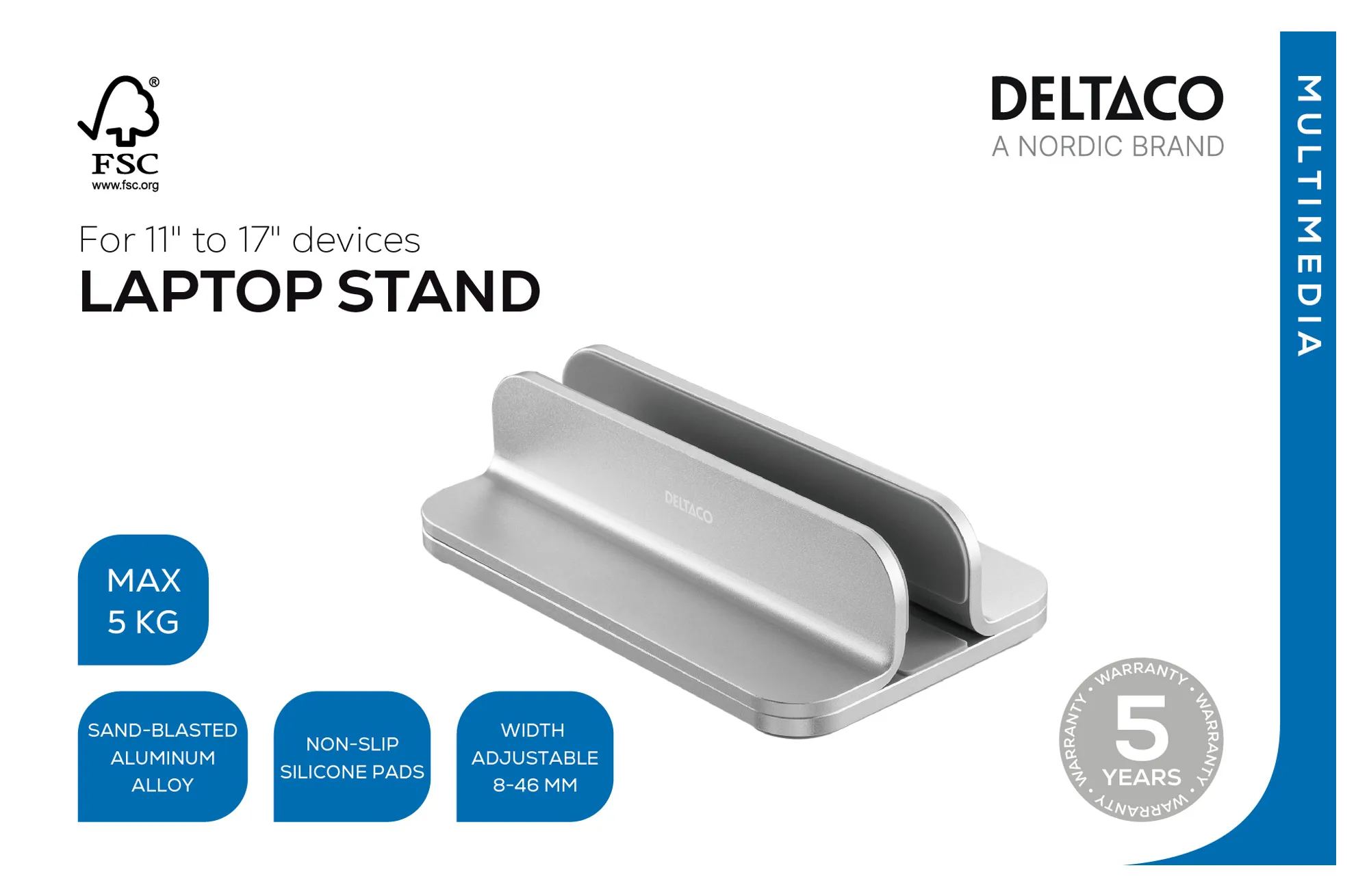 DELTACO Office, Adjustable vertical laptop holder, 5kg, alumimnum