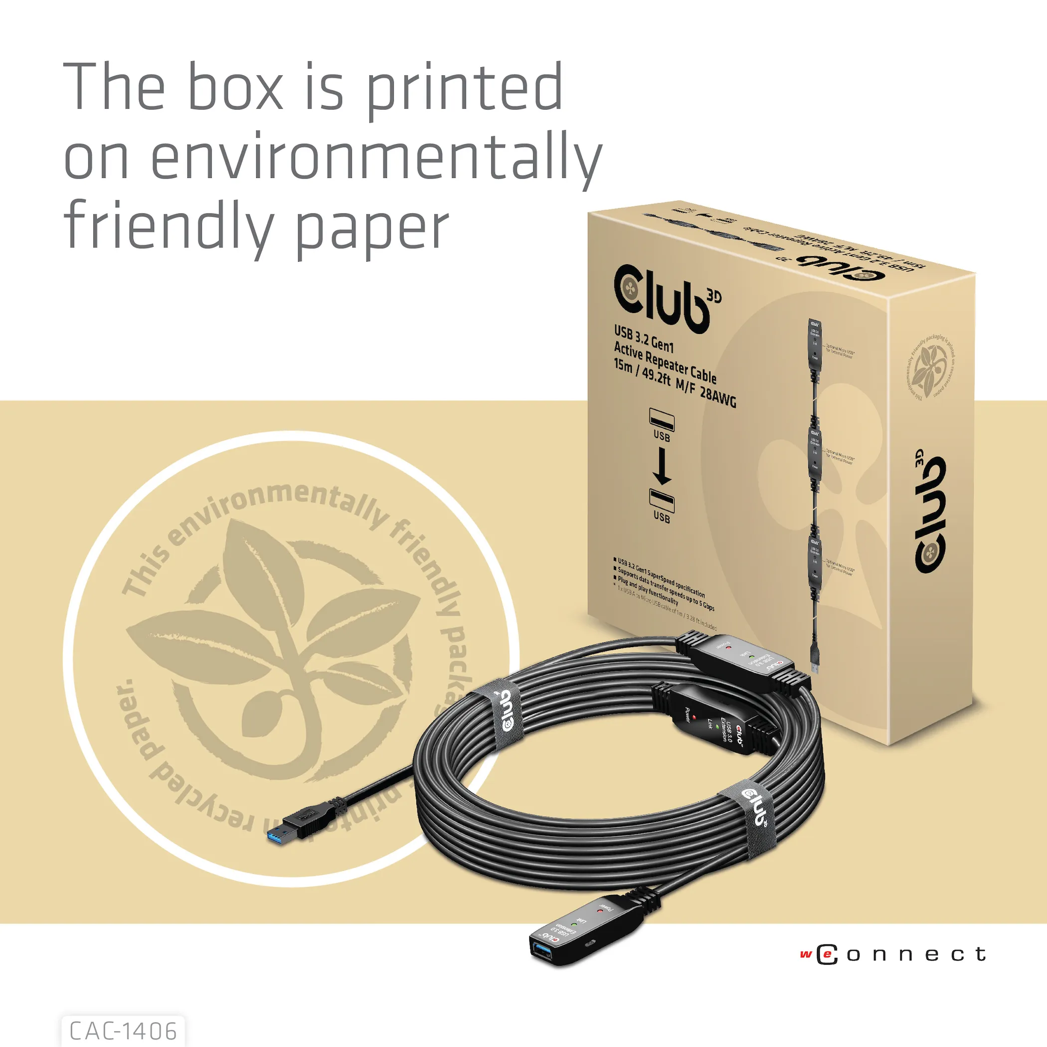 Club 3D Active Repeater 3.2 Gen1 USB-A, aktiivinen, uros-naaras -jatkokaapeli, Musta, 15m