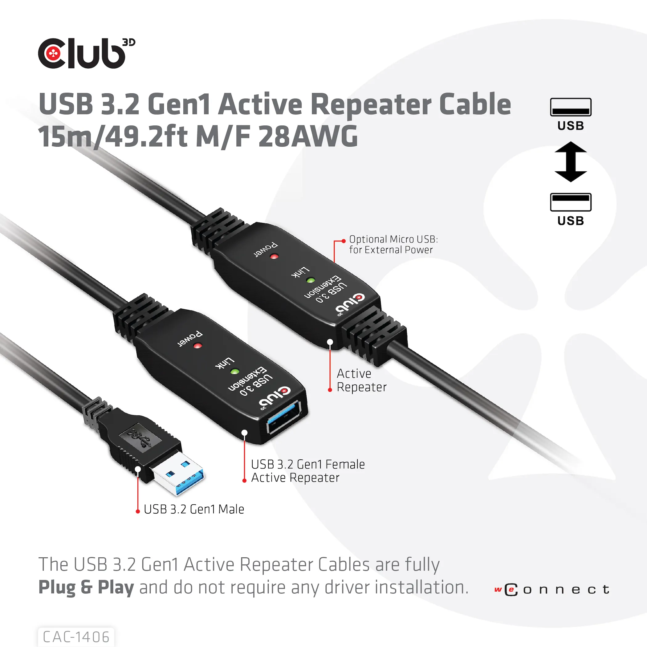 Club 3D Active Repeater 3.2 Gen1 USB-A, aktiivinen, uros-naaras -jatkokaapeli, Musta, 15m