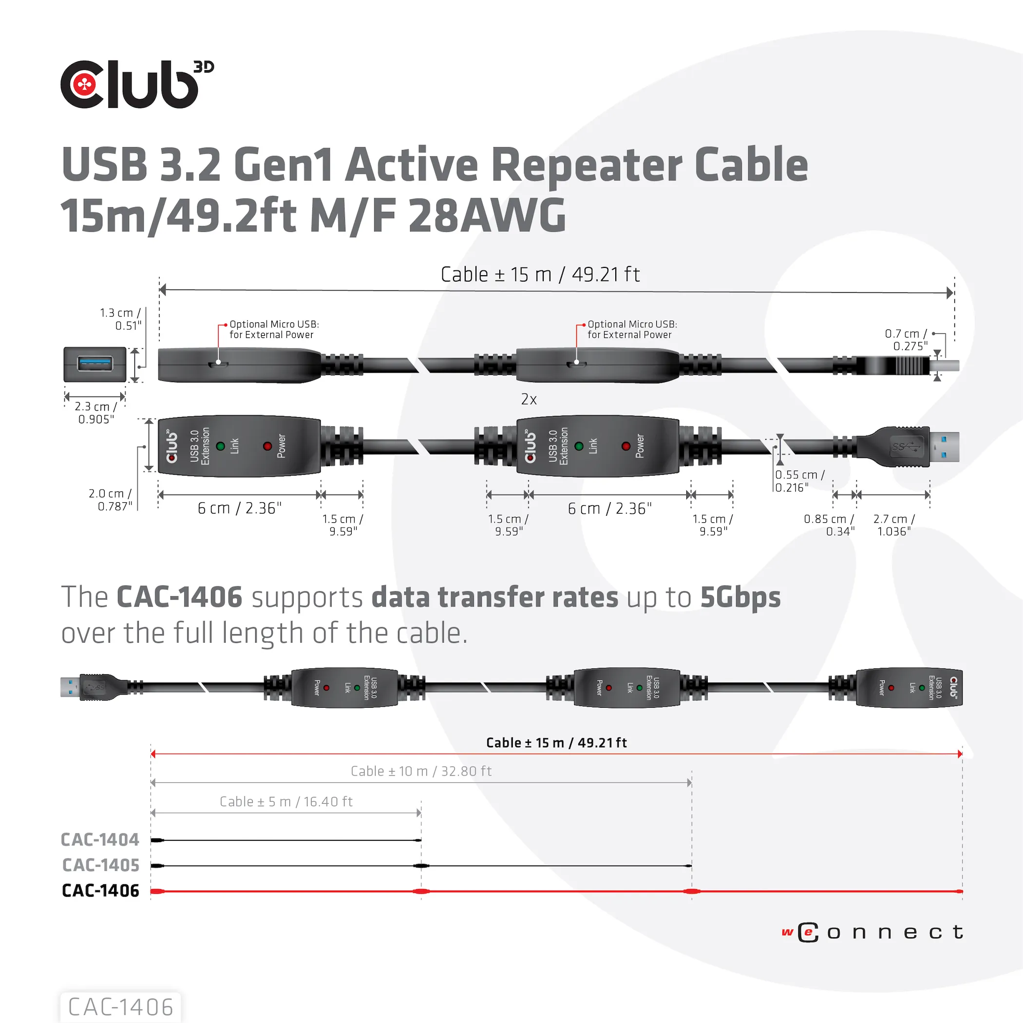 Club 3D Active Repeater 3.2 Gen1 USB-A, aktiivinen, uros-naaras -jatkokaapeli, Musta, 15m