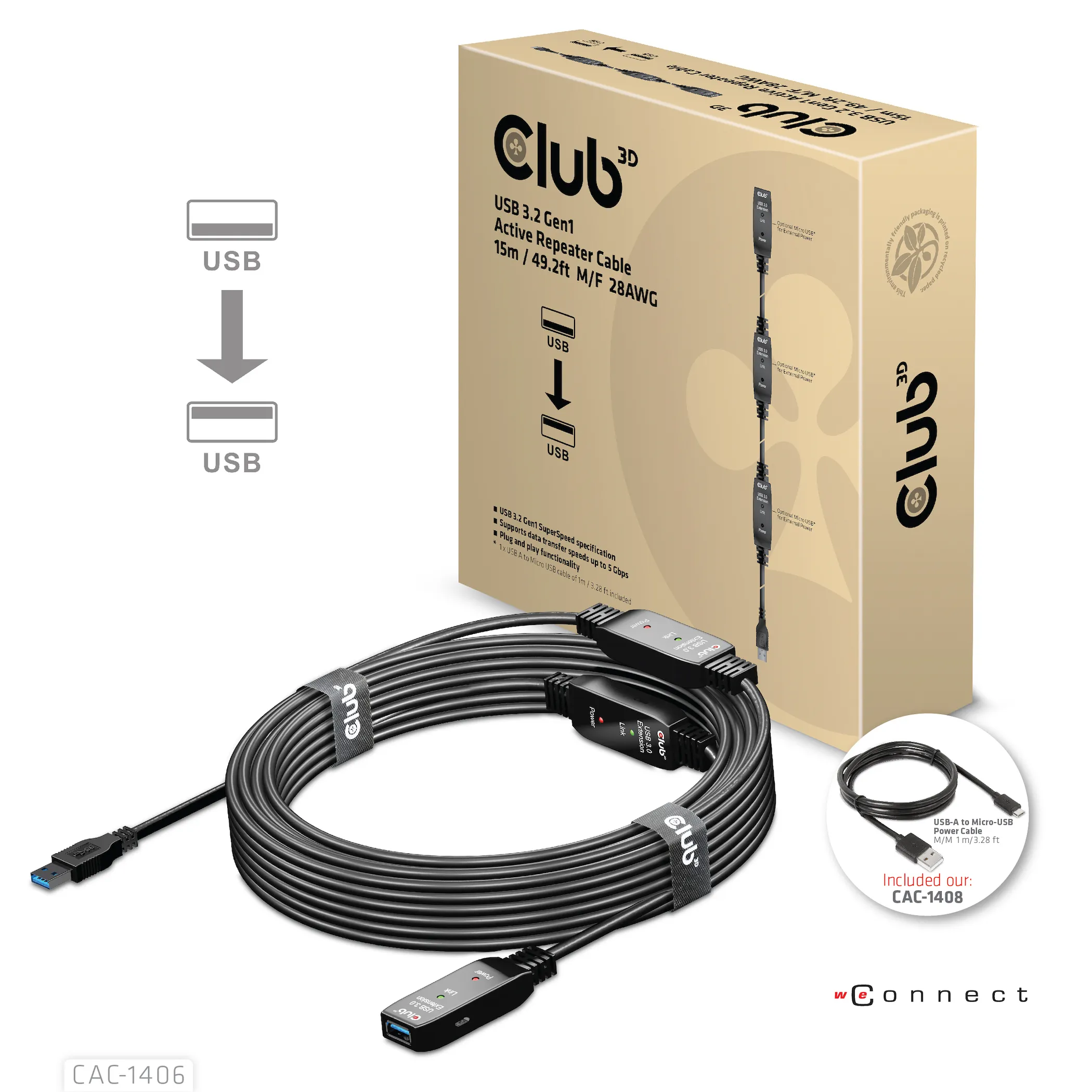 Club 3D Active Repeater 3.2 Gen1 USB-A, aktiivinen, uros-naaras -jatkokaapeli, Musta, 15m