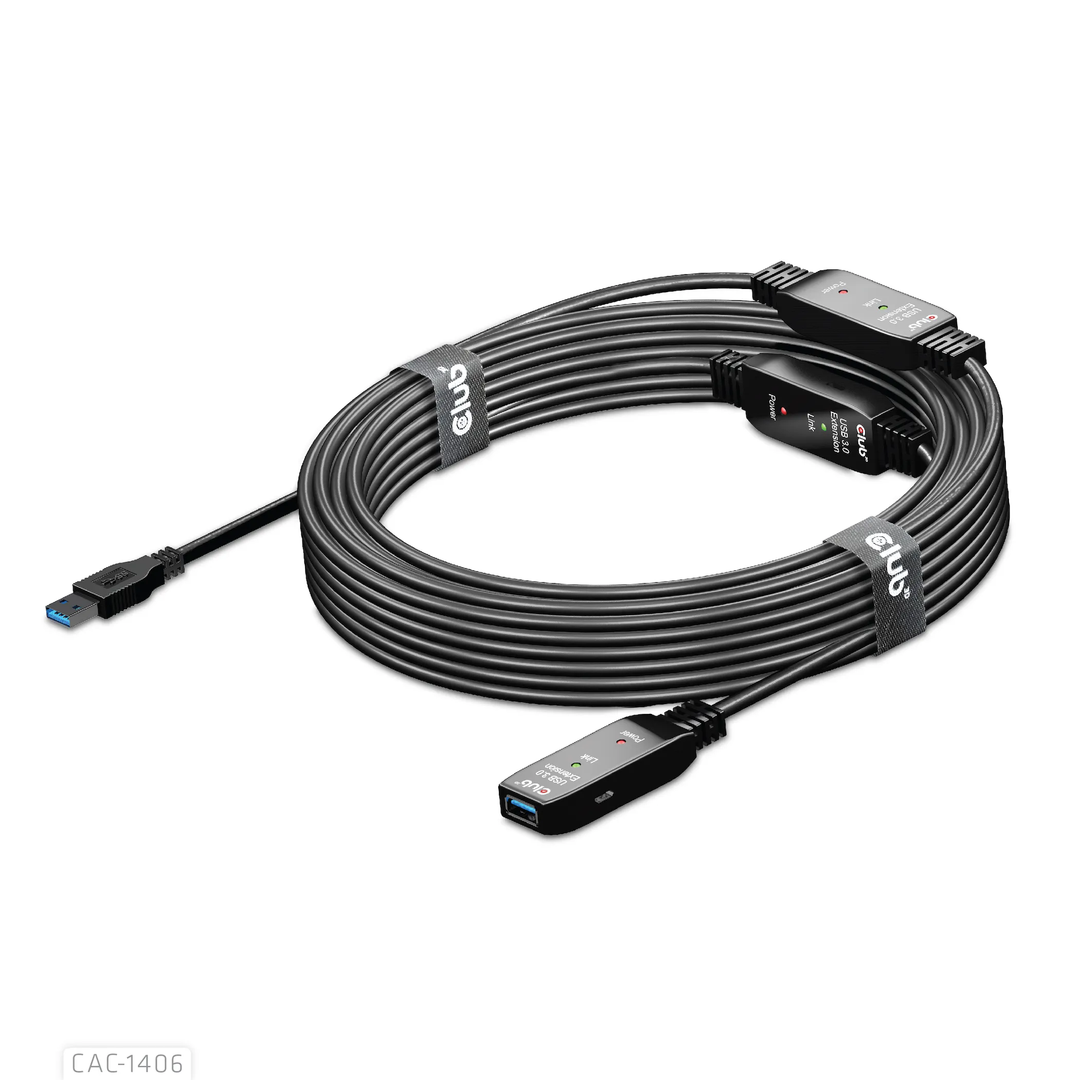 Club 3D Active Repeater 3.2 Gen1 USB-A, aktiivinen, uros-naaras -jatkokaapeli, Musta, 15m