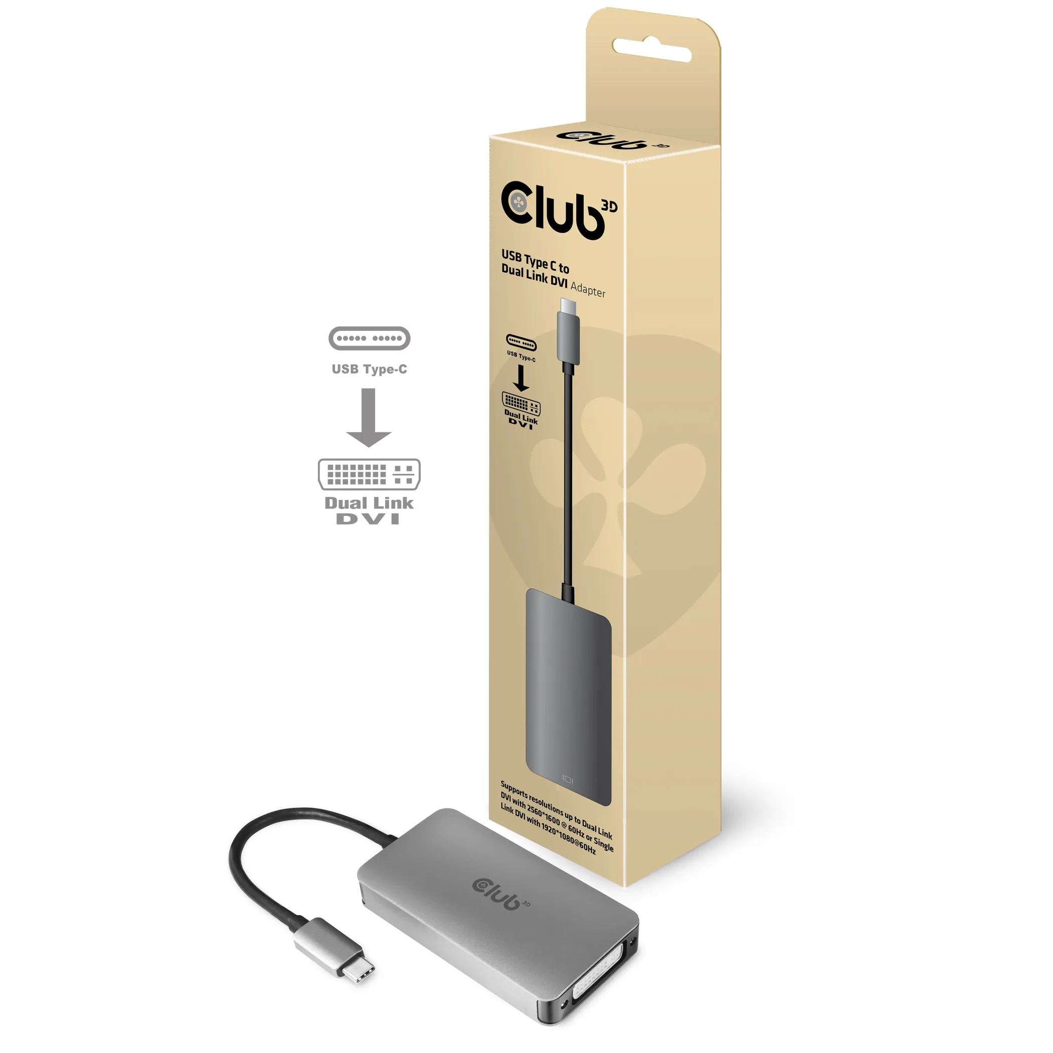 Club 3D 3.2 Gen1 USB-C - Dual Link DVI-D - adapter, Grå Club 3D 3.2 Gen1 USB-C - Dual Link DVI-D - adapter, Grå